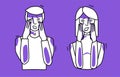 Frightened man and woman, purple and white, emotion of fear, cover their face with their hands. Half body sketch style