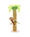 A frightened monkey hangs on a liana, climbing a palm tree. A cute little monkey in a tree. Naive style. Vector Royalty Free Stock Photo