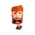Frightened redhead bearded man, male emotional face, avatar with facial expression vector Illustration on a white