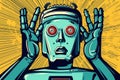 The frightened robot raised its hands in panic, concept of Autonomous behavior, created with Generative AI technology