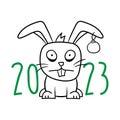 Frightened tired cartoon rabbit with a Christmas ball in his ear. Symbol of 2023