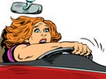 frightened woman driving, speed on the road. Emotions of the driver and the rules of the road. Accident