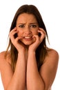 Frightened woman - preety girl gesturing fear Royalty Free Stock Photo