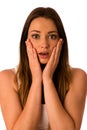 Frightened woman - preety girl gesturing fear Royalty Free Stock Photo