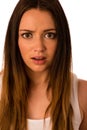 Frightened woman - preety girl gesturing fear Royalty Free Stock Photo