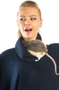 Frightened woman with a rat Royalty Free Stock Photo