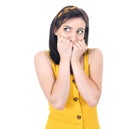 Frightened young woman biting fingernail and popped eyes at camera, being terrible accident, isolated on white background. Panic Royalty Free Stock Photo