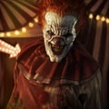 Frightening Evil looking clown posing in front of a circus tent.