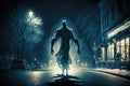 frightening evil spirit in form of ghost walking on street at night creature walking in air
