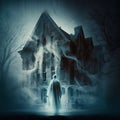 Ghost and gothic haunted house for spooky Halloween. Scary creepy spirit in night fog for National Paranormal Day. Generative AI