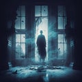 Ghost in haunted house for spooky Halloween. Scary creepy ghostly spirit in night fog for National Paranormal Day. Generative AI