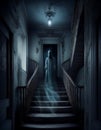 Frightening ghost in abandoned haunted house for spooky Halloween. Scary ghostly spirit on stairs. Generative AI