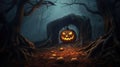 Frightening Halloween scene, scary picture background. Pumpkin in the forest