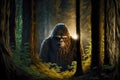 Frightening mysterious bigfoot hides in dense forest thickets