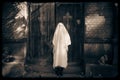 A mystical ghost standing in front of wooden church doors, evoking themes of Halloween, horror and occultism. The eerie image