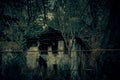 A frightening old house burned in a forest in the style of horror, a terrible mystical building in Saratov in a scary of gnarled