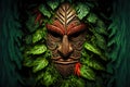 frightening wooden tiki mask of tropical peoples among green leaves