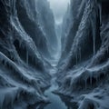 Frigid Chasm of Isolation, Endless, icy crevices stretch out, perpetually encased in frost