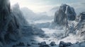 Frigid tundra featuring snow mountain peaks, icy cliffs, and scattered rocks under blanket of snow