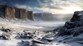 Frigid tundra featuring snow mountain peaks, icy cliffs, and scattered rocks under blanket of snow