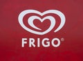 Frigo ice cream brand logo on a red background and white letters, on a metal sheet of a kiosk Royalty Free Stock Photo