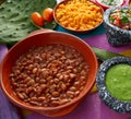 Frijoles mexican beans with rice and sauces Royalty Free Stock Photo