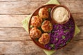 Frikadeller or Danish Meatballs are savory meatballs served with rich creamy sauce and stew red cabbage close up in the plate.