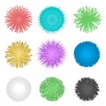 Fringe ball. Textile pompon, furry balls ans spherical decoration ornament made of thread isolated vector set