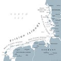 Frisian Islands, Wadden Sea Islands at the North Sea, gray political map