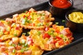 Fritters with corn, ham pepper and onion served with sauces close-up on a plate. horizontal Royalty Free Stock Photo