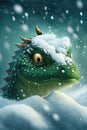frivolous dragon resembling a lizard in white snow, snow on its nose - a symbol of the New Year, Generative AI