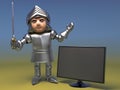 Frivolous medieval knight buys a new wide screen television monitor, 3d illustration