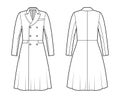 Frock coat technical fashion illustration with double breasted, fitted body, long sleeve, round collar peak, knee length