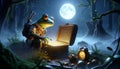 Frog Adventurer Discovers Glowing Treasure in Forest