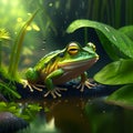 Frog in the aquarium. Large green frog in the water. AI generated