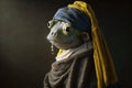 Frog Animal with a Pearl Earring in Johannes Vermeer style illustration generative ai