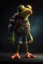 Frog with backpack and camera on dark background. Travel and adventure concept.
