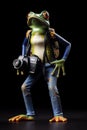 Frog with backpack and camera on dark background. Travel and adventure concept.