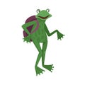 Frog with a backpack on his back, schoolboy or traveler. Fairy tale childish character. Vector cartoon illustration Royalty Free Stock Photo