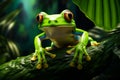 Frog with big eyes sitting on branch with leaf. Generative AI Royalty Free Stock Photo