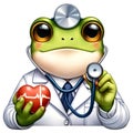 Frog Cardiologist with Stethoscope watercolor clipart. AI Generated