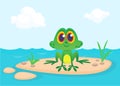 Frog Cartoon Character sitting on the ground in the middle of river or pond or lake background. Colorful vector illustration Royalty Free Stock Photo