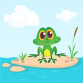 Frog Cartoon Character sitting on the ground in the middle of river or pond or lake background. Colorful vector illustration Royalty Free Stock Photo