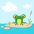 Frog Cartoon Character sitting on the ground in the middle of river or pond or lake background. Colorful vector illustration Royalty Free Stock Photo