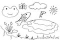 Set cute hand drawn doodles like frog, fish, butterfly, cloud, water, grass, flower and sun