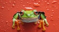 Frog catching fly on torn red paper background Royalty Free Stock Photo