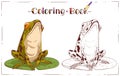 A Frog, Coloring Sheet. Outline picture of a toad on a round lily pad. A colouring book page with colored example