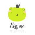 Frog with crown card. Green doodle toad with lettering quote kiss me