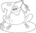 Outlined Cute Frog Cartoon Character With Wizard Hat And Magic Wand