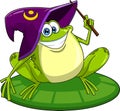 Cute Green Frog Cartoon Character With Wizard Hat And Magic Wand